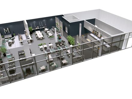 3D-Grundriss eines modernen Büros mit Glaswänden und Möbeln.