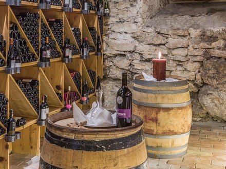 Weinkeller mit Weinflaschen und Fässern an Steinwand.