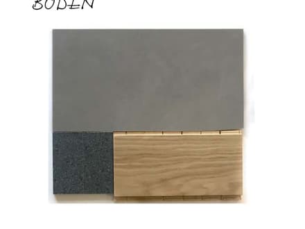 Materialmuster mit Beton, Holz und Stein, Text 'BODEN'.