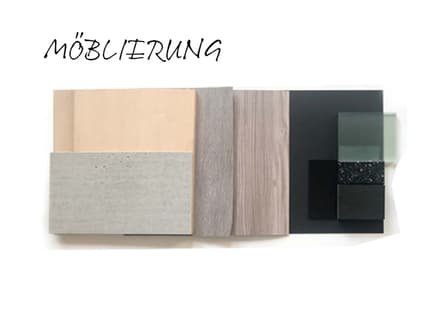 Materialmuster mit Schriftzug 'Möblierung'.