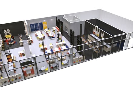 3D-Rendering eines modernen Büros mit Arbeitsplätzen und Glaswänden.