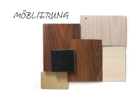 Holz-, Metall- und Stoffmuster mit 'Möblierung'.
