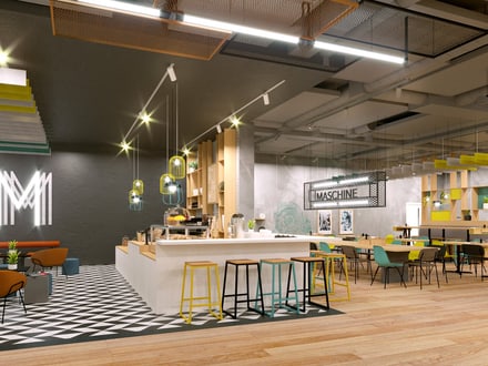 Modernes Café mit hellem Interieur und Sitzbereichen.