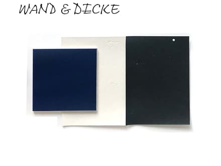 Blauer und schwarzer quadratischer Block mit Text 'WAND & DICKE'.