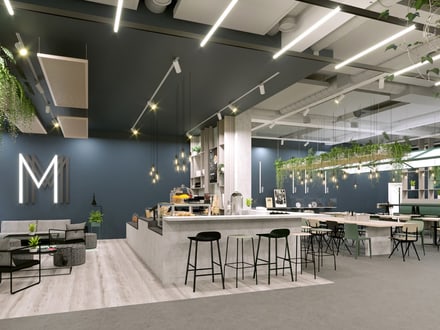 Moderne Cafeteria mit hängenden Pflanzen und Barbereich.