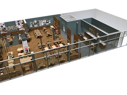3D-Rendering eines modernen Bürogebäudes mit Glaswänden.