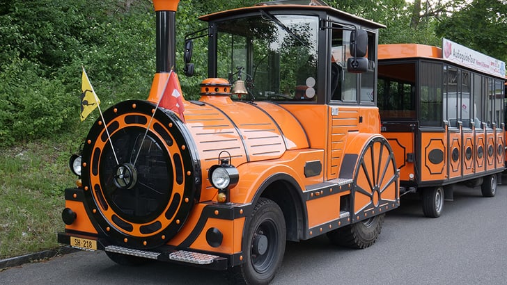 Orange Bummelzug auf der Strasse in einem Waldgebiet.