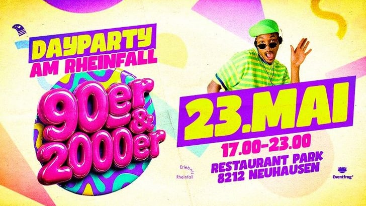 Tagparty am Rheinfall-Poster für 90er & 2000er am 23. Mai in Neuhausen.