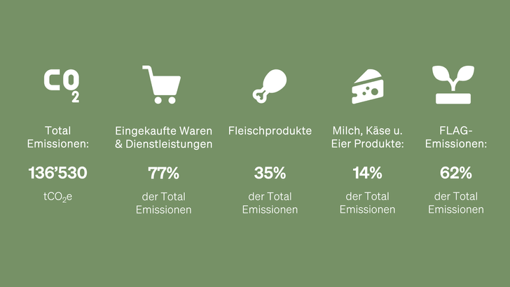 Infografik über CO2-Emissionen von Produkten und Dienstleistungen auf grünem Hintergrund.