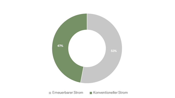 Diagramm zeigt 47 % erneuerbaren und 53 % konventionellen Strom.