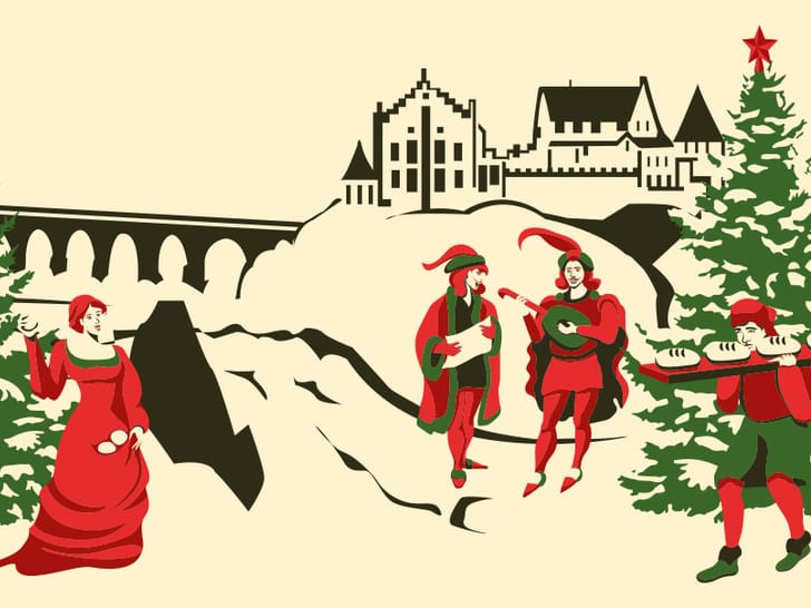 Szenische Winterlandschaft mit mittelalterlichen Figuren und Burg.