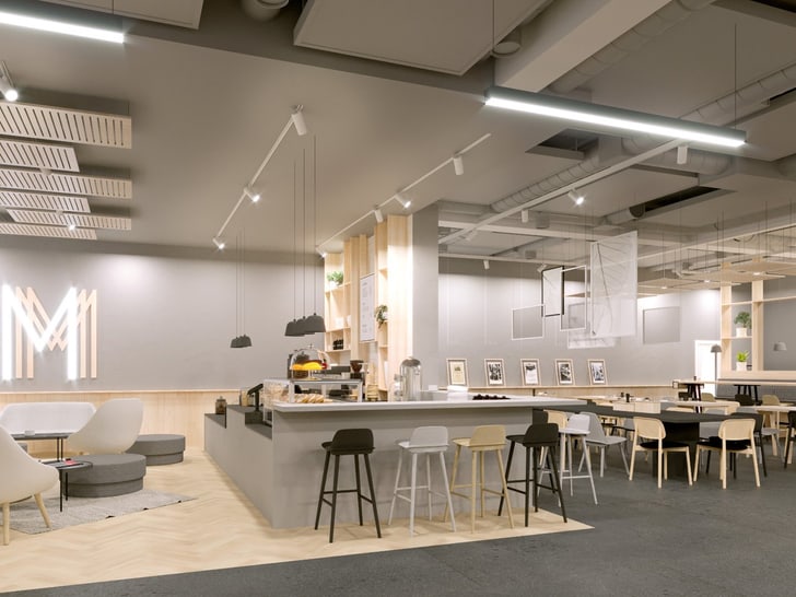 Modernes Café-Interieur mit Barbereich und Tischen.