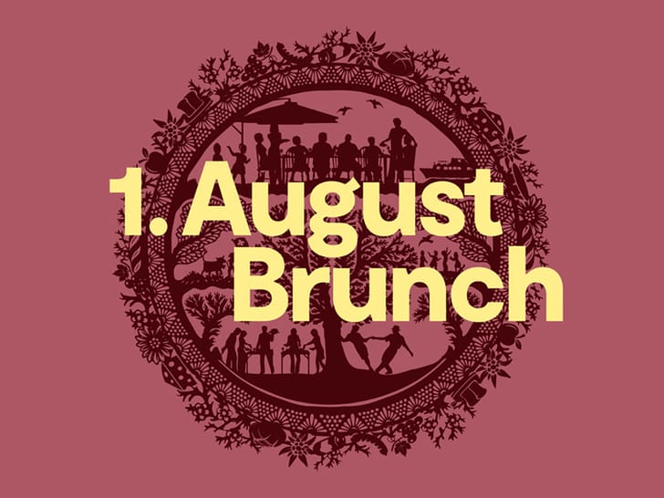 Grafik mit 1. August Brunch-Text, umgeben von Silhouetten und floralen Mustern.