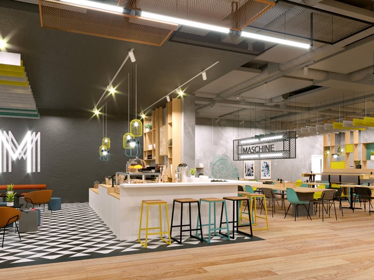 Moderne Cafeteria mit Barhockern und dekorativer Beleuchtung.