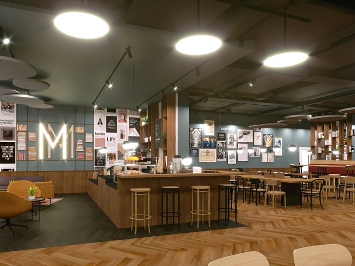Moderne Café-Bar mit Holzdekor und Posterwand.
