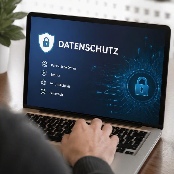 Person nutzt Laptop mit Datenschutzbildschirm.