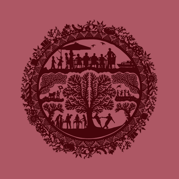 Silhouetten von Menschen und Bäumen in einem runden Muster auf rotem Hintergrund.