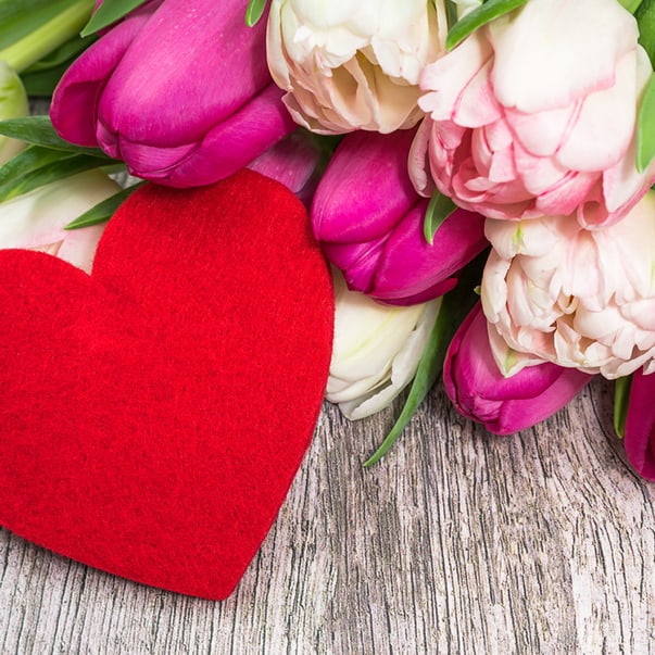 Rotes Herz neben rosa und weissen Tulpen auf Holzoberfläche.