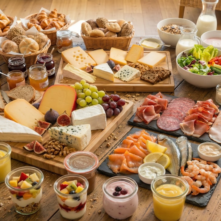 Reichhaltiges Frühstücksbuffet mit Brot, Käse, Fleisch und Obst.