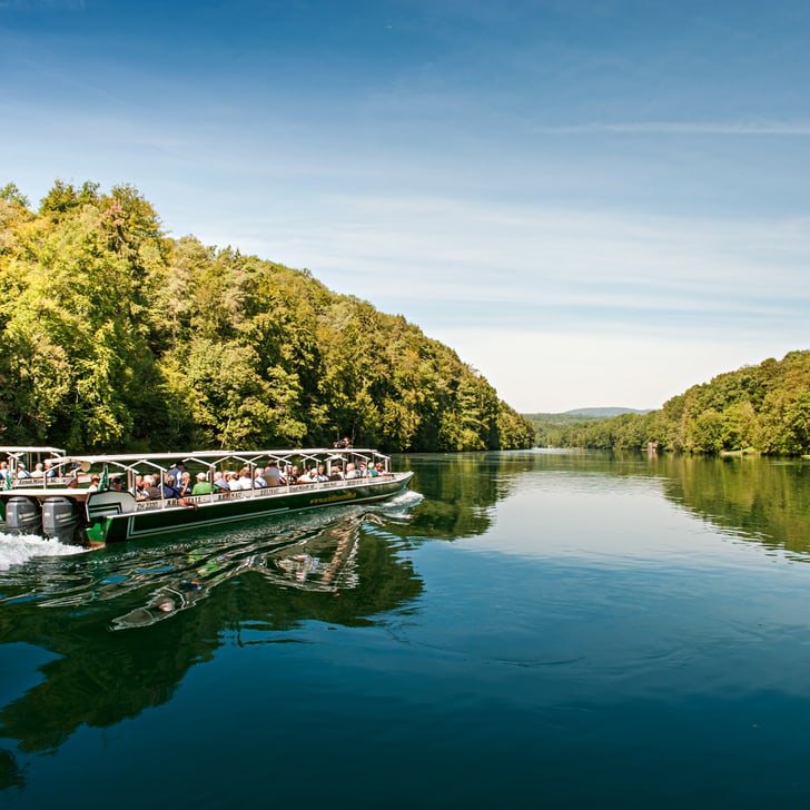 Ausflugsschiffe auf breitem Fluss mit Bäumen an beiden Ufern.