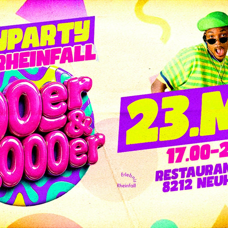 Einladungsplakat zur 90er & 2000er Dayparty am Rheinfall im Mai.
