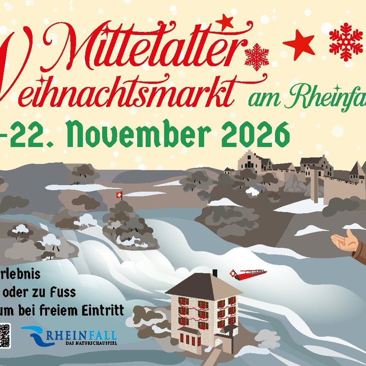 Illustration von Weihnachtsmarkt mit Elf und Rheinfall.