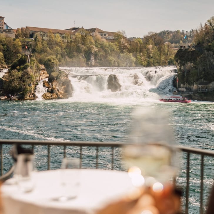 Verschwommene Menschen vor Rheinfall mit Boot, sonniger Tag.