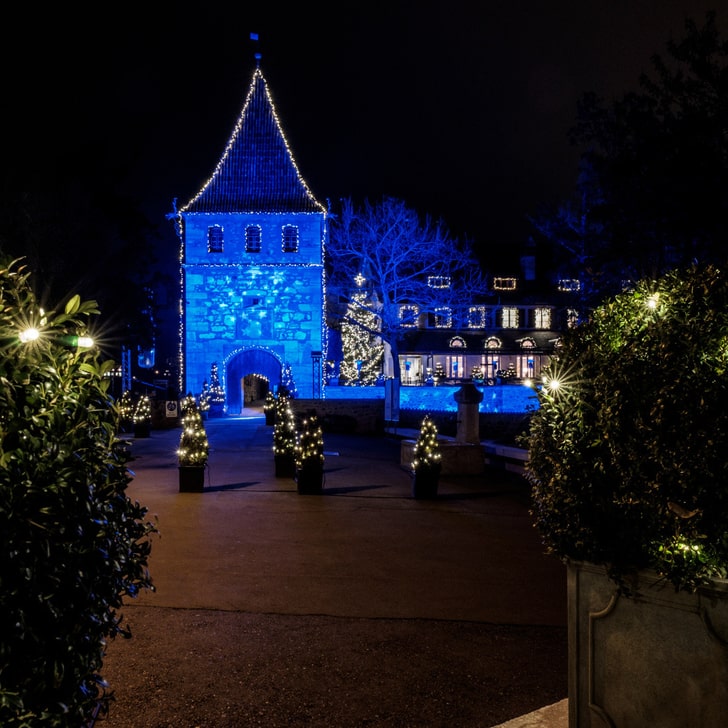 Garten mit Lichtern und beleuchtetem Schloss bei Nacht."  