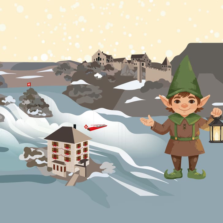 Illustration eines Elfen mit Laterne vor einer verschneiten Landschaft.