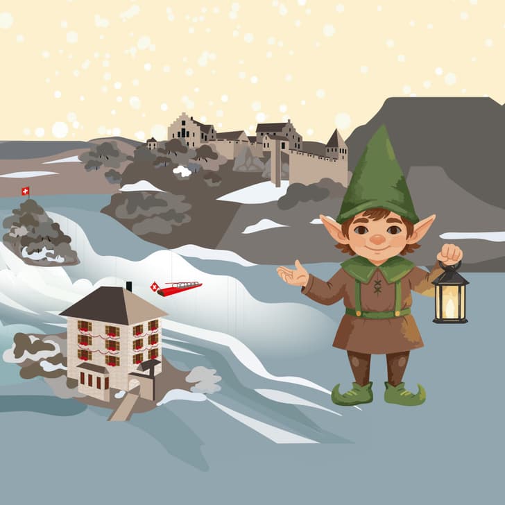 Elf mit Laterne vor verschneiter Hügellandschaft.