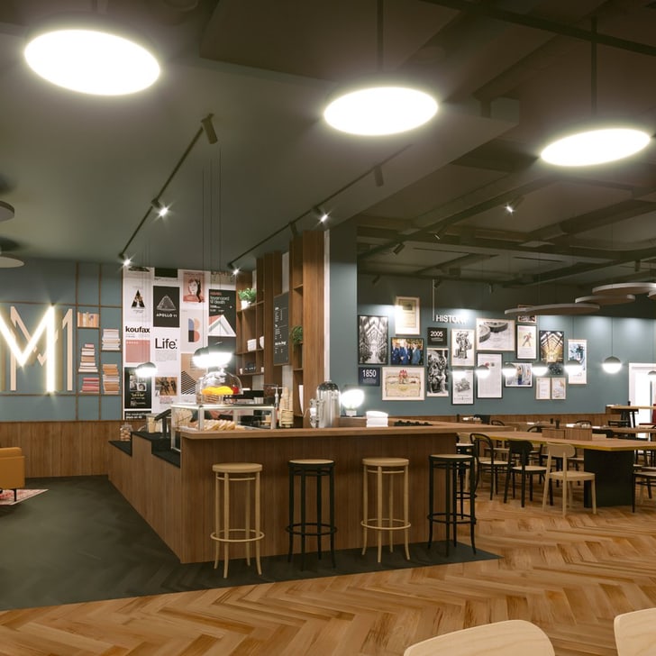 Moderne Café-Bar mit Holzdekor und Posterwand.