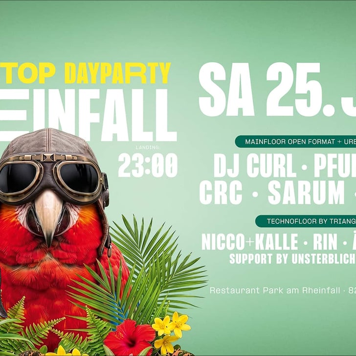Papagei mit Sonnenbrille vor grünem Hintergrund mit Partydetails.