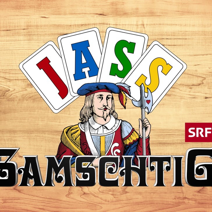 Titelbild von Jass Schachfigur mit Karten, Text 'Samschtig'.