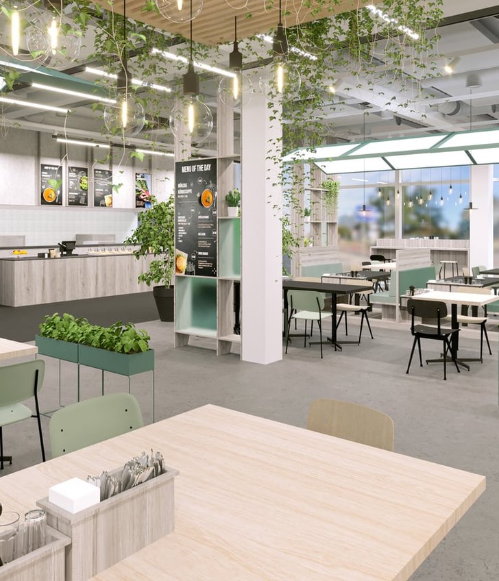 Modernes Restaurant mit Pflanzen und Fenstern, helle Einrichtung.