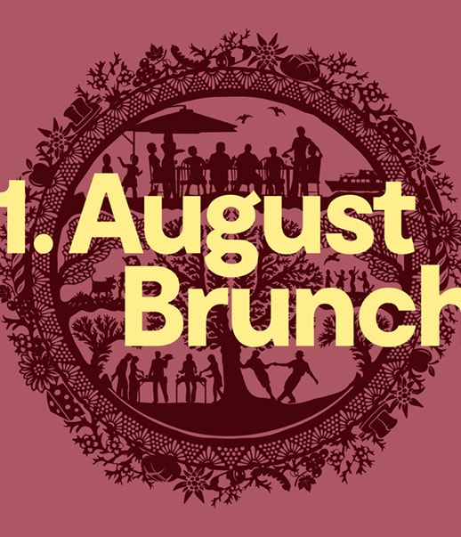 Grafik mit 1. August Brunch-Text, umgeben von Silhouetten und floralen Mustern.
