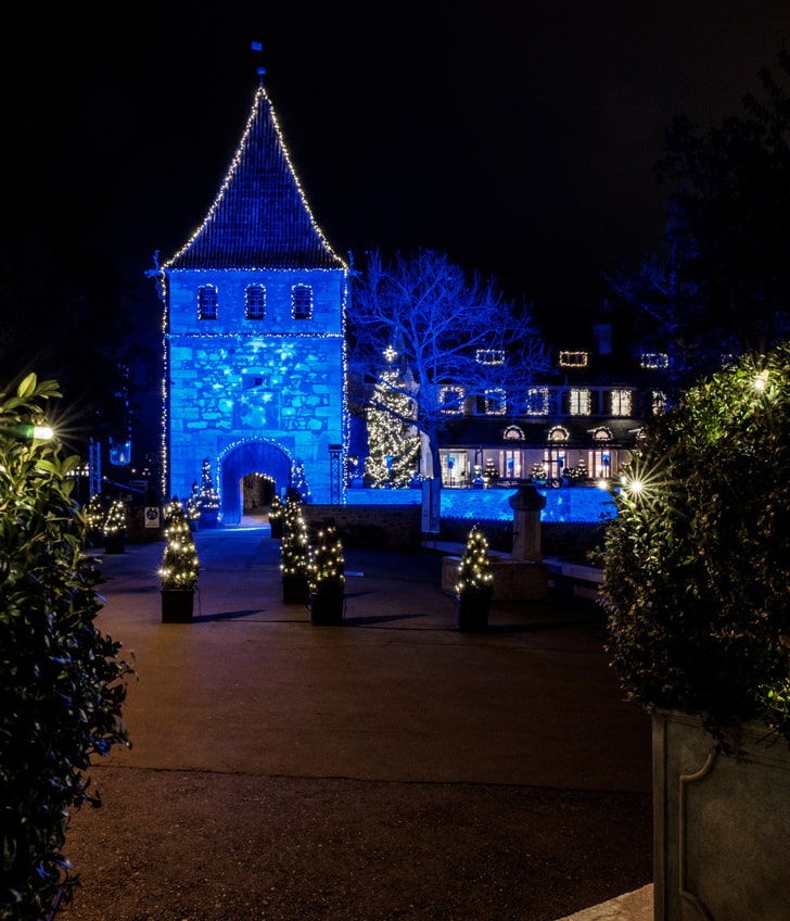 Garten mit Lichtern und beleuchtetem Schloss bei Nacht."