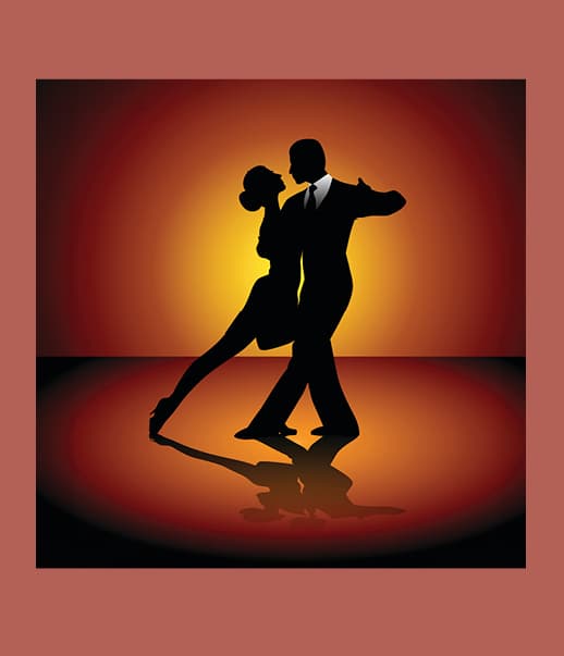 Silhouette eines Tanzpaares vor einem orangefarbenen Hintergrund.