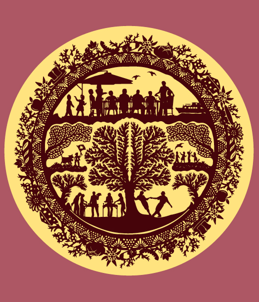 Kreisförmiges Kunstwerk mit Baum und Menschen in Scherenschnitt.