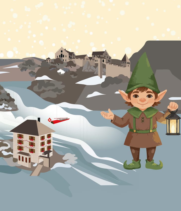 Elf mit Laterne vor verschneiter Hügellandschaft.