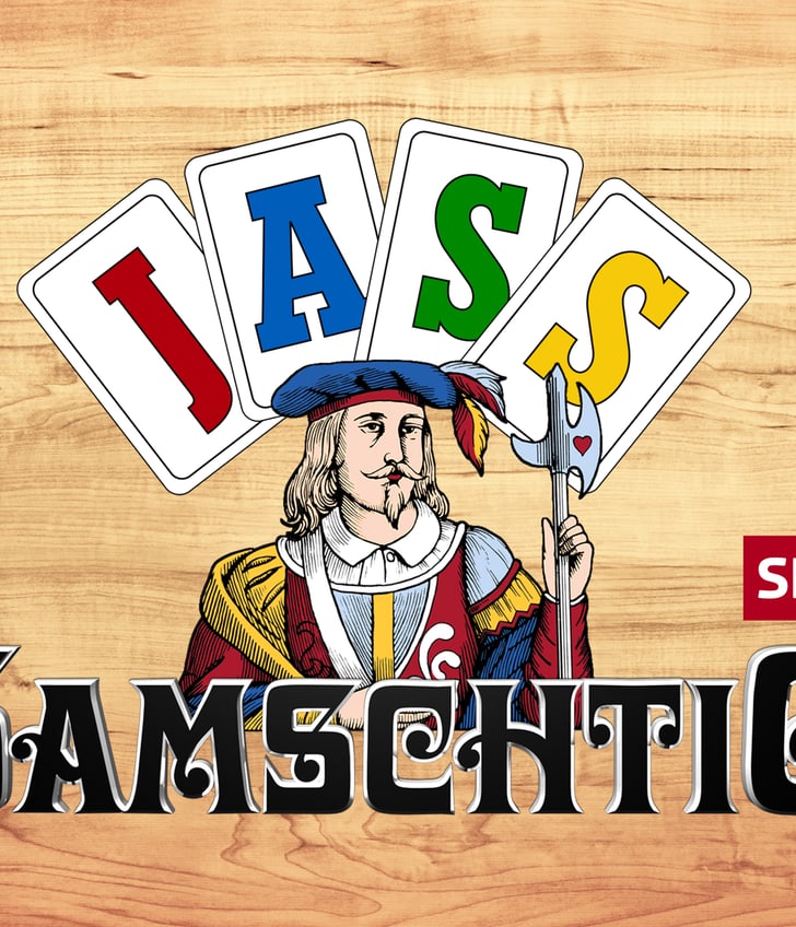 Titelbild von Jass Schachfigur mit Karten, Text 'Samschtig'.