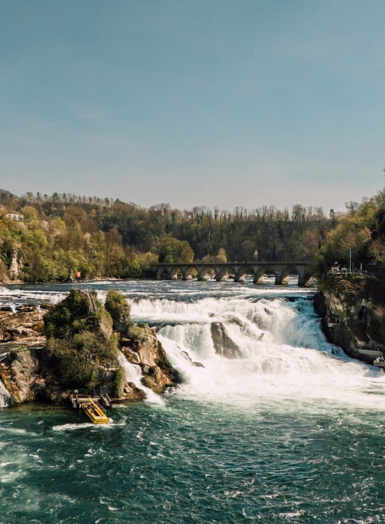 Rheinfall mit Schloss und Bäumen im Hintergrund.