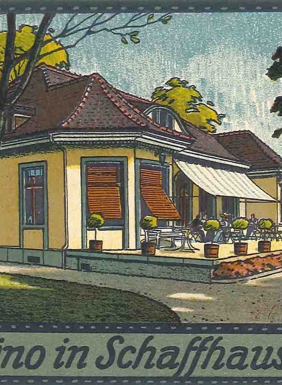 Illustration eines Casinos in Schaffhausen mit Bäumen im Hintergrund.