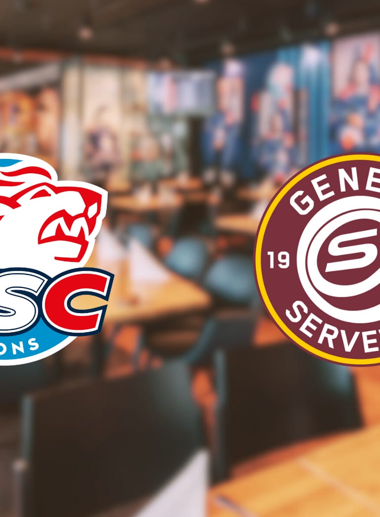 Logos von ZSC Lions und Genève-Servette über unscharfem Restaurantinterieur.