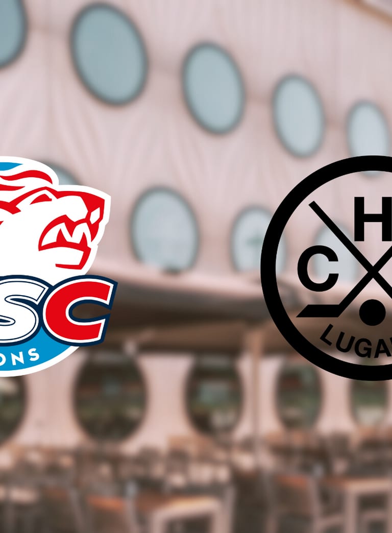 Logos von ZSC Lions und HC Lugano vor einem Gebäude.