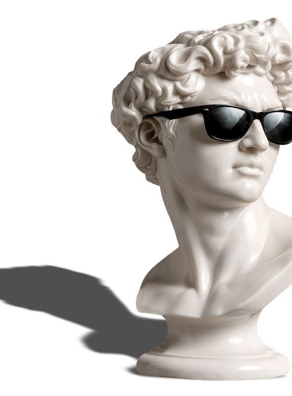 Marmorbüste mit Sonnenbrille vor schwarzem Hintergrund.