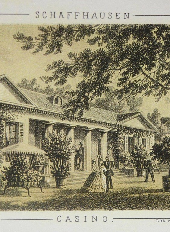 Historische Zeichnung des Casinos Schaffhausen mit Gartenszene und Menschen.