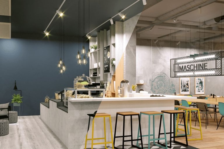 Modernes Café mit beleuchtetem M-Logo und Sitzbereich.