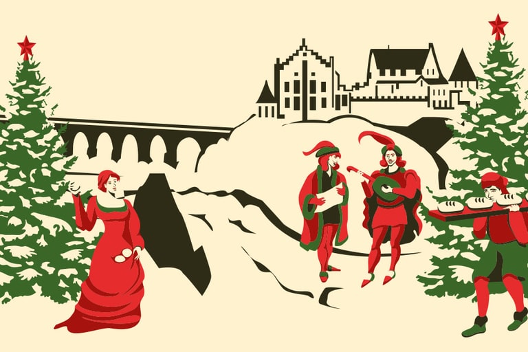 Szenische Winterlandschaft mit mittelalterlichen Figuren und Burg.