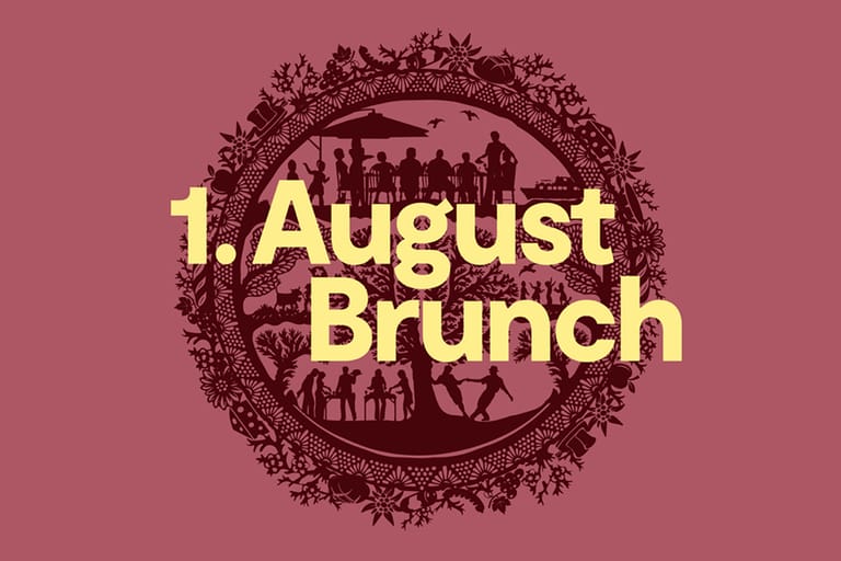 Grafik mit 1. August Brunch-Text, umgeben von Silhouetten und floralen Mustern.