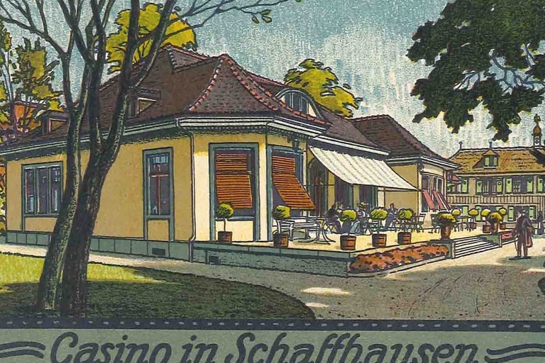 Historische Darstellung des Casinos in Schaffhausen mit Garten.